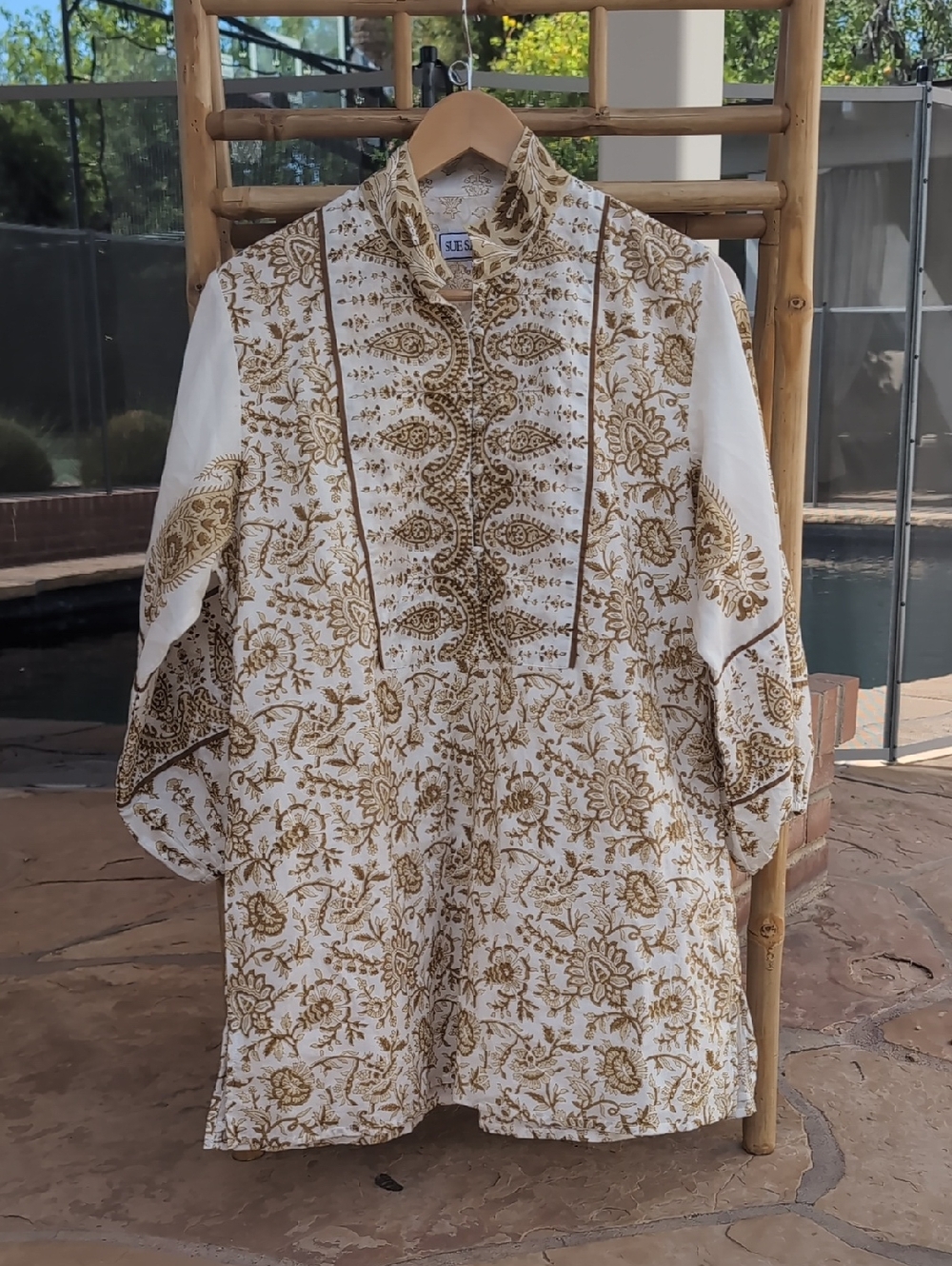 Sue Sartor White & Gold Floral Embroidered Tunic 100% Cotton